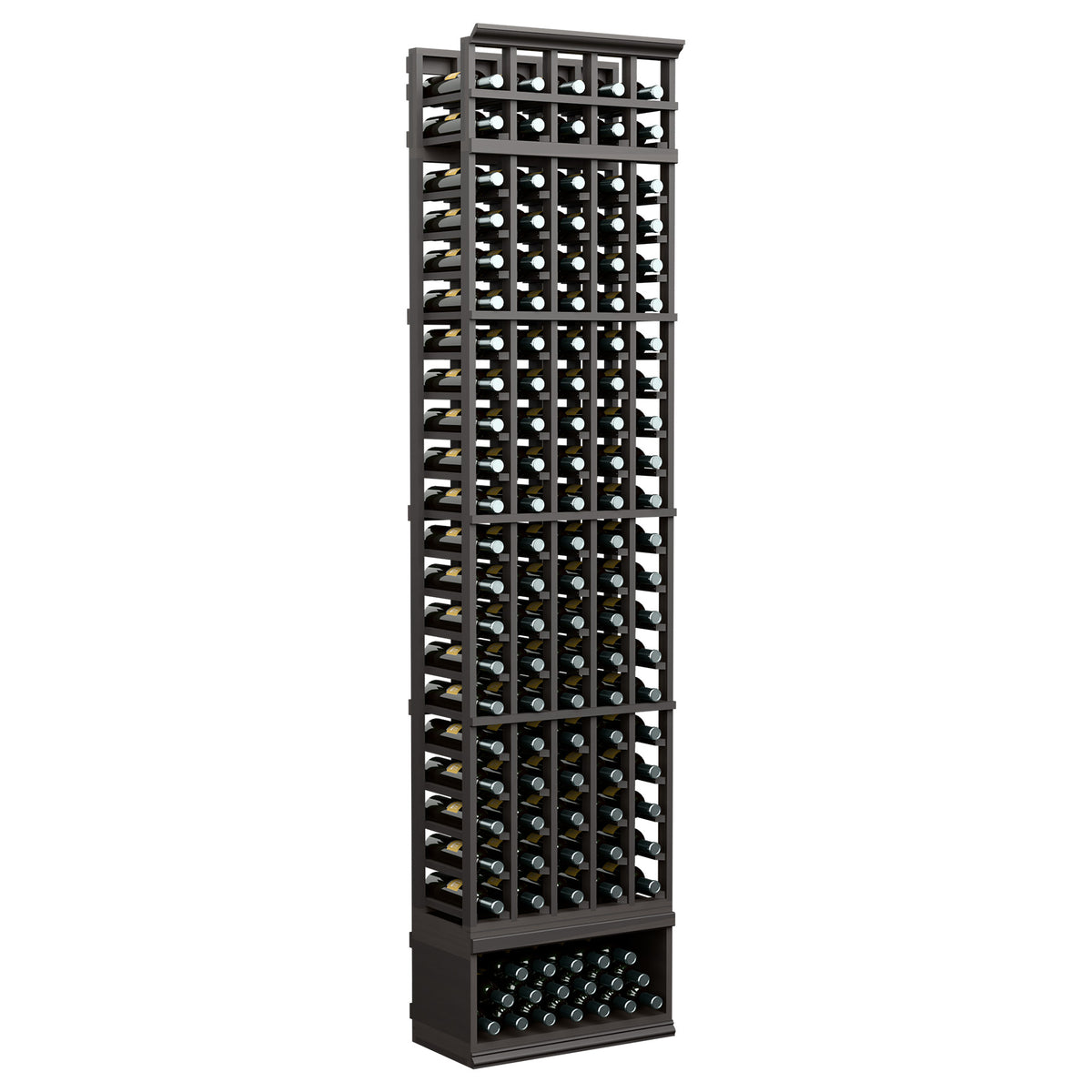 5-column wine bottle rack, dark espresso wood frame with black bottle slots, full rack