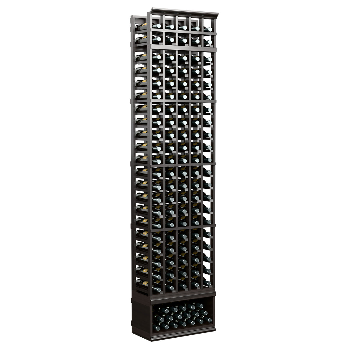 5-column wine bottle rack, dark wood frame with black bottle slots, base shelf visible