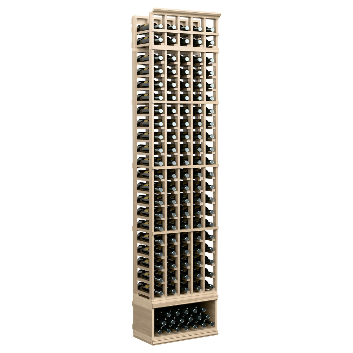5-column wine bottle rack, 8-ft tall, light wood frame with bottle-filled columns