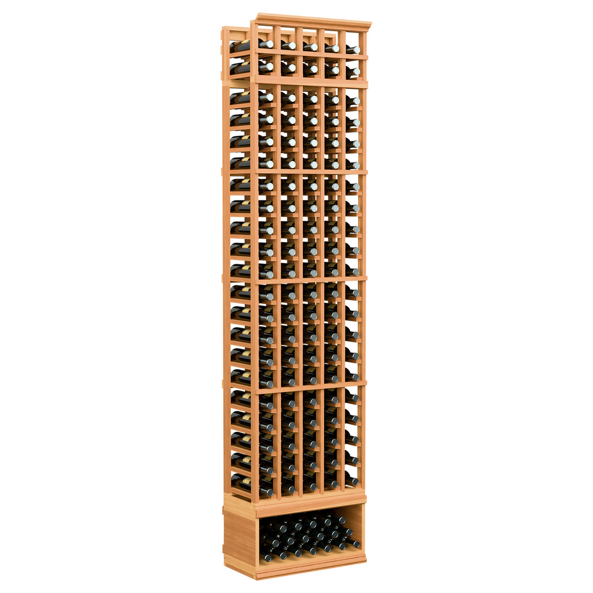 5-column wine bottle rack, 8-ft tall, warm red wood frame with bottle-filled rows