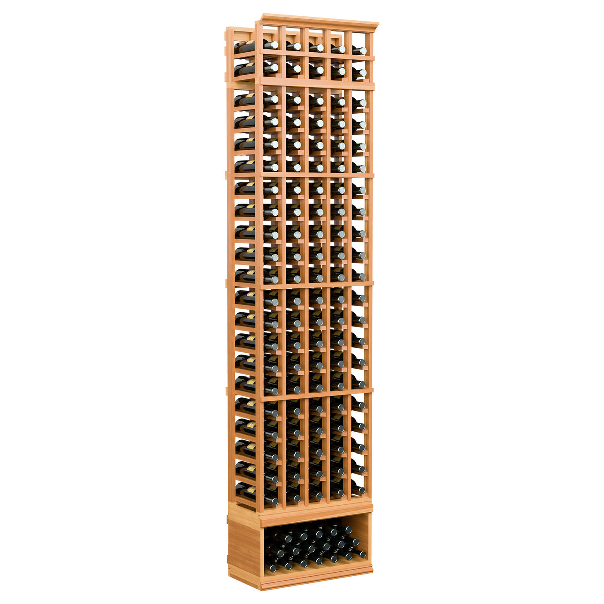 5-column wine bottle rack, 8-ft tall, warm red wood frame with bottle-filled columns