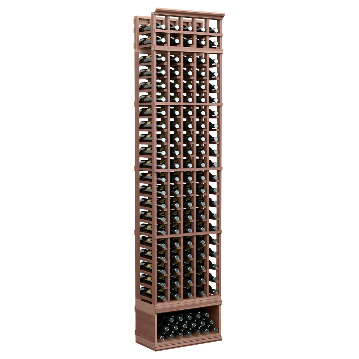 5-column wine bottle rack, 8-ft tall, dark wood frame with bottle-filled rows