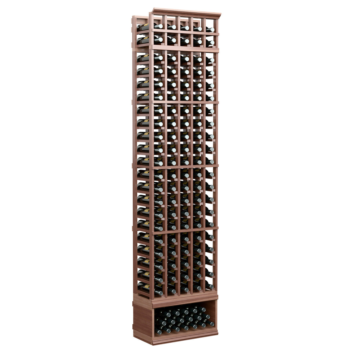 5-column wine bottle rack, 8-ft tall, dark wood frame with bottle-filled columns