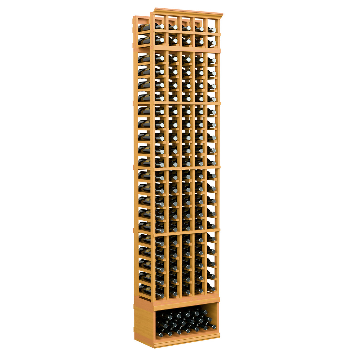 5-column wine bottle rack, 8-ft tall, golden wood frame with bottle-filled rows