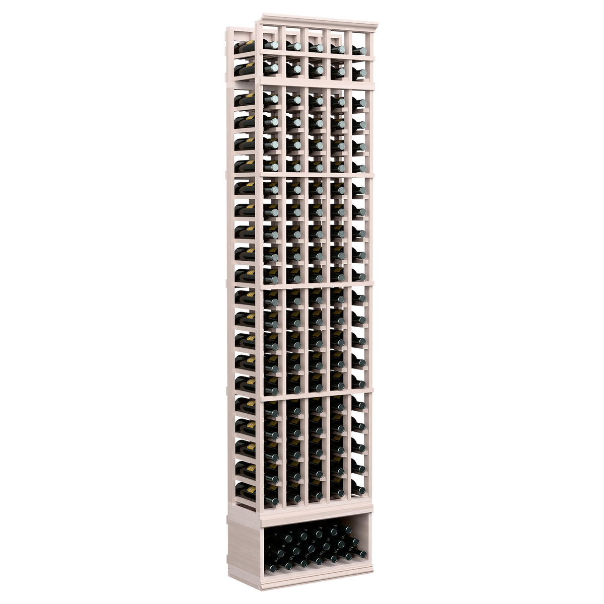 5-column wine bottle rack, 8-ft tall, white-finished wood frame with bottle-filled rows