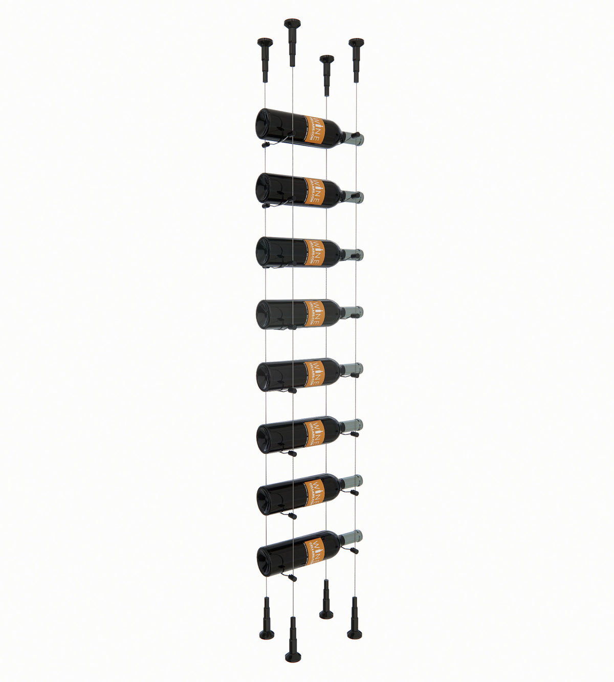 Wine bottle cable rack holding 8 bottles with black top pegs and legs.