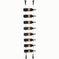 Wine bottle cable rack holding 8 bottles with black top pegs and silver hardware.