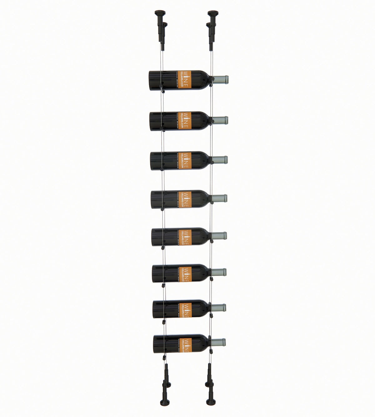 Wine bottle cable rack holding 8 bottles with black top pegs and silver hardware.