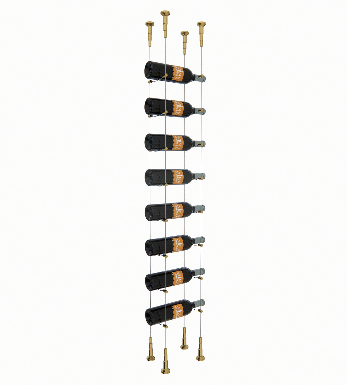 Wine bottle cable rack holding 8 bottles with brass-colored mounting hardware.