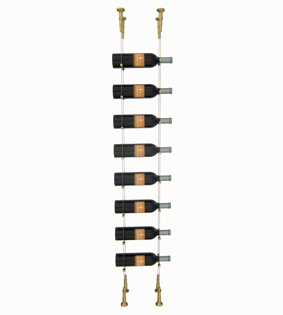 Wine bottle cable rack holding 8 bottles with gold/brass mounting hardware.