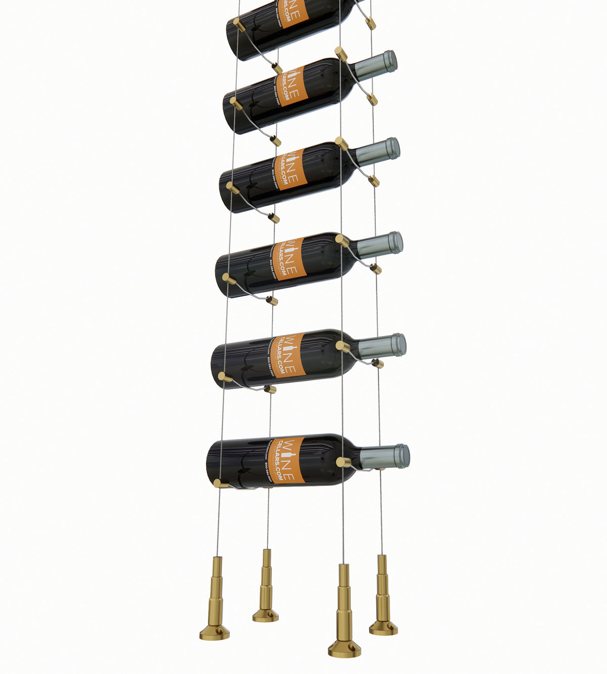 Wine bottle cable rack holding 8 bottles with brass-toned legs and mounting hardware.