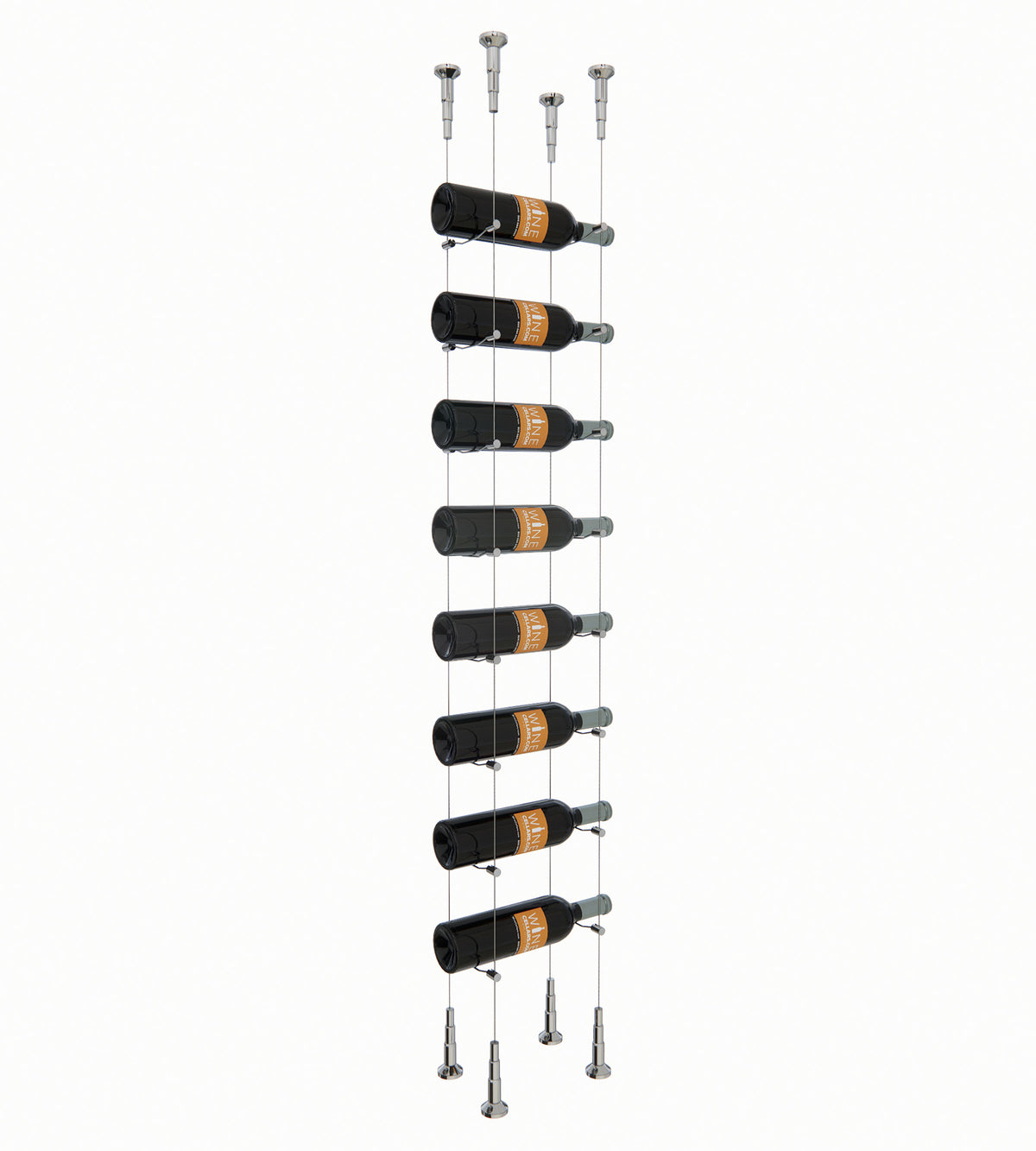 Wine bottle cable rack holding 8 bottles with silver mounting hardware.