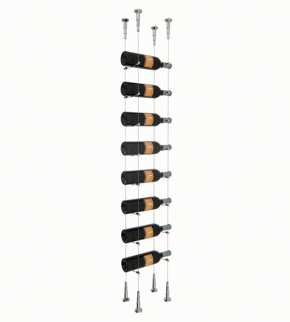 Wine bottle cable rack holding 8 bottles with silver mounting hardware.