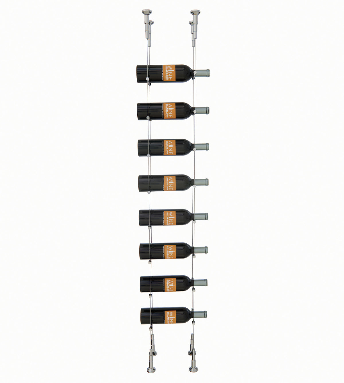 Wine bottle cable rack holding 8 bottles with silver-colored mounting hardware.