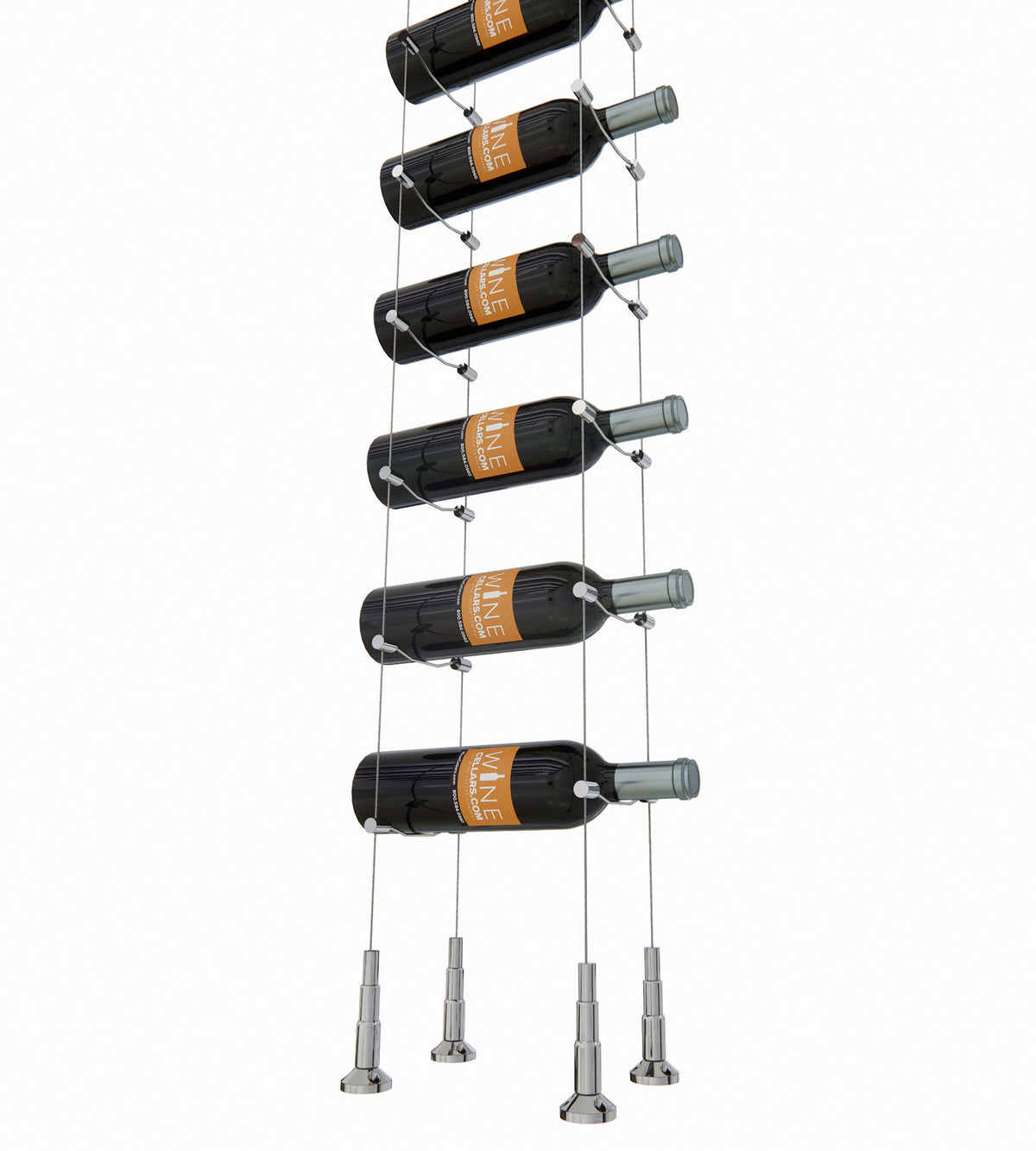 Wine bottle cable rack holding 8 bottles with chrome-toned legs and cables.
