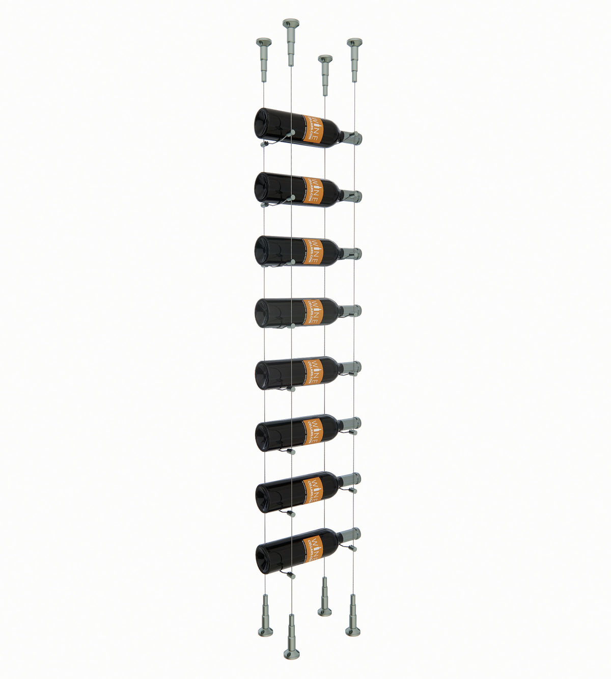 Wine bottle cable rack holding 8 bottles with silver and brass-colored hardware.