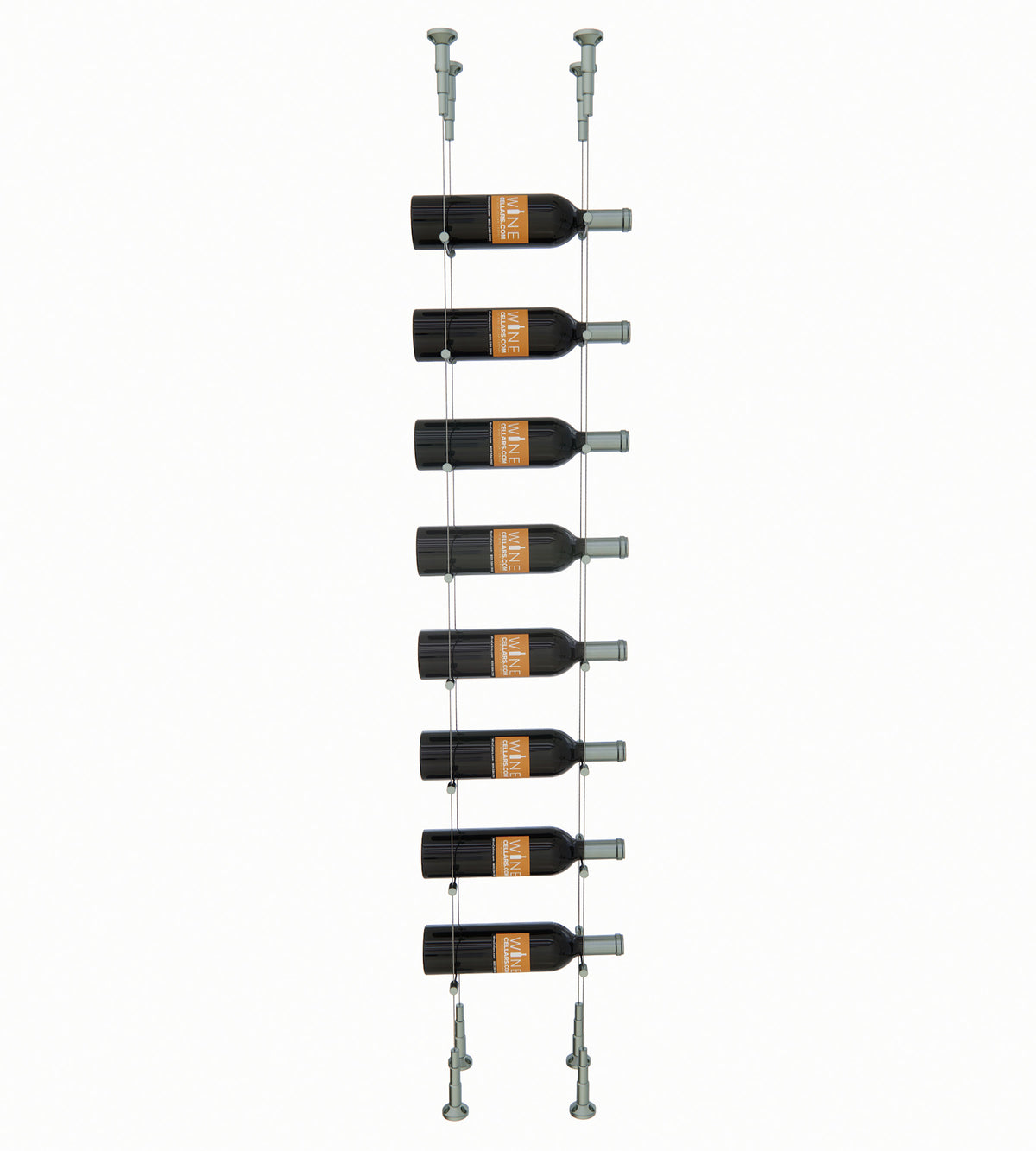 Wine bottle cable rack holding 8 bottles with silver mounting hardware.