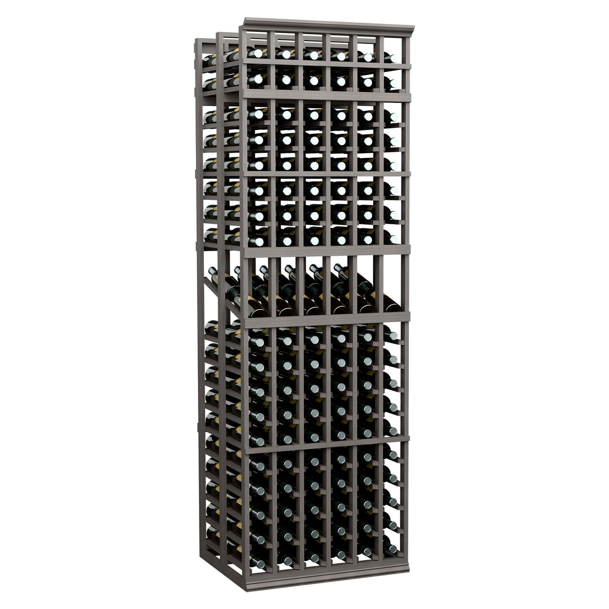 6-column double-deep wine display rack with dark open lattice shelves for bottles