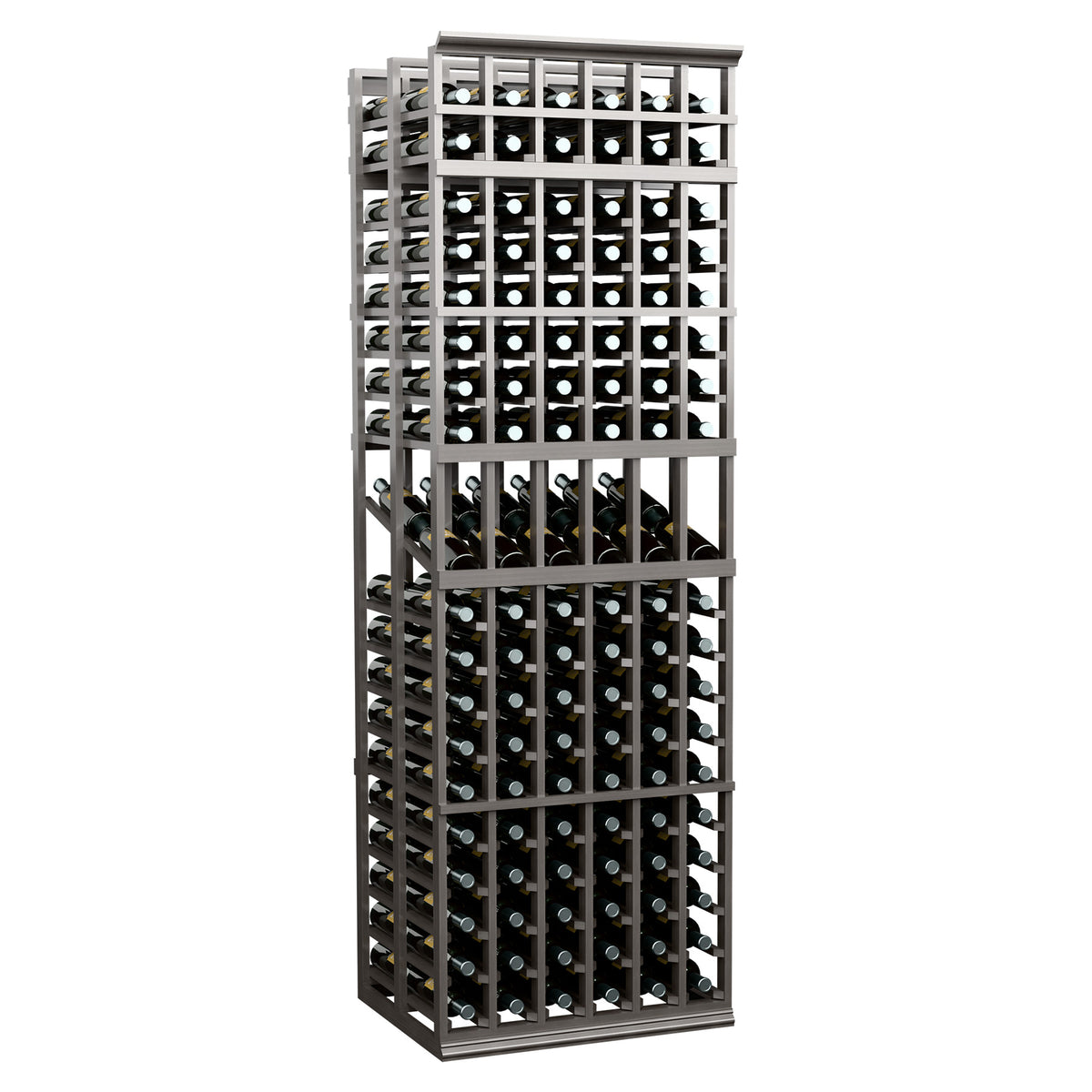 6-column double-deep wine display rack with dark frame and bottle-holding crisscross rows
