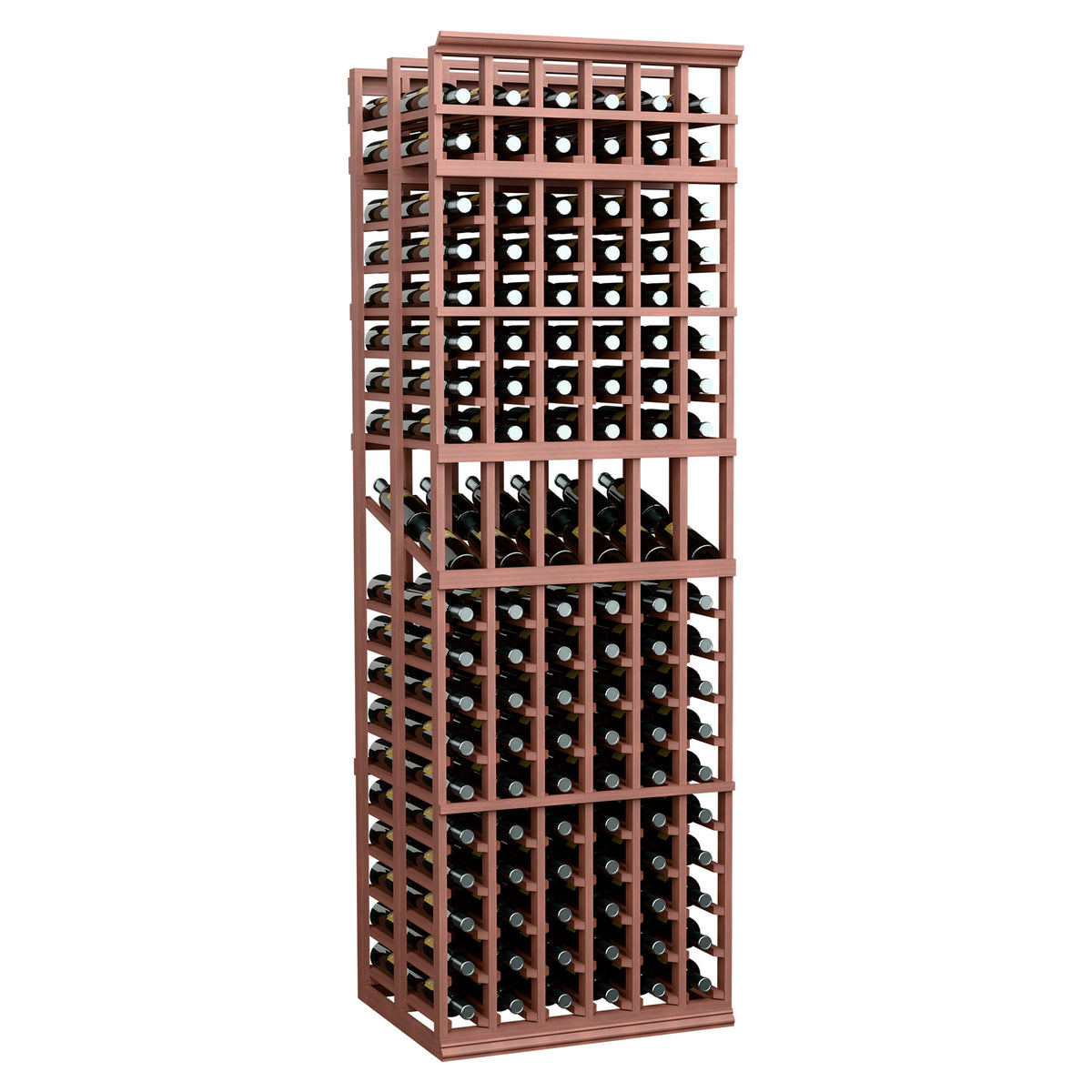 6-column double-deep wine display rack with warm brown frame and bottle display slots