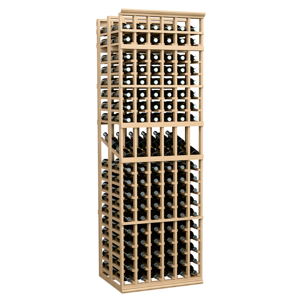 6-column double-deep wine display rack with light wood frame and open crisscross bottle slots