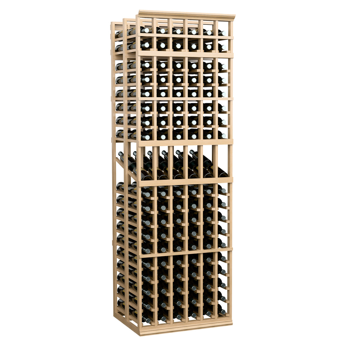 6-column double-deep wine display rack with pale wood finish and bottle-holding lattice shelves