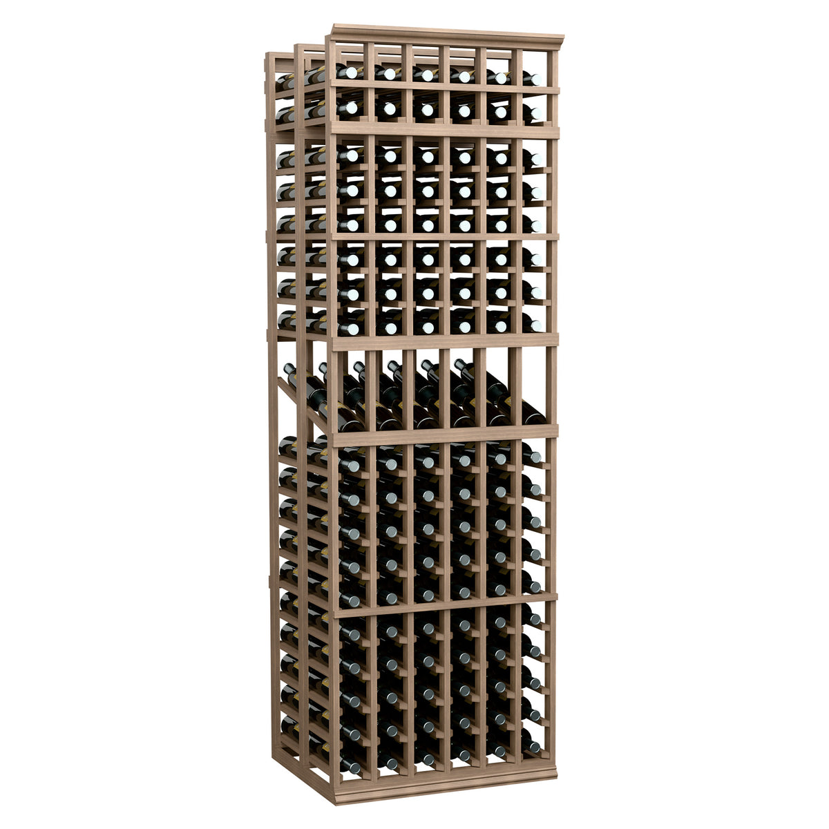 6-column double-deep wine display rack in light wood with two levels of bottle rows