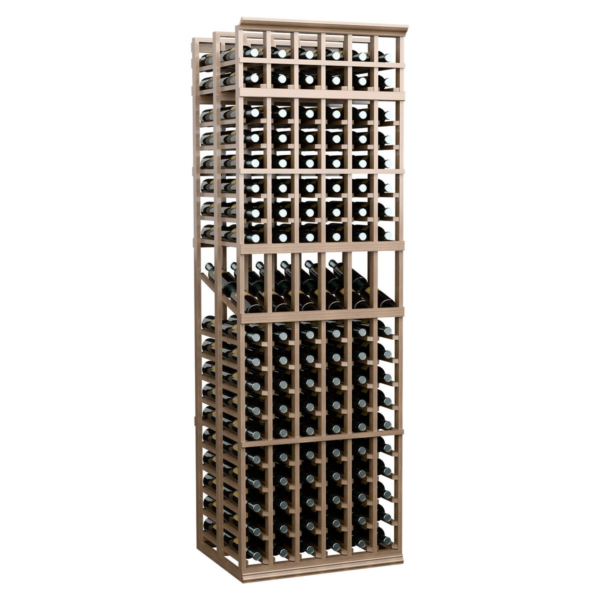 6-column double-deep wine display rack with light wood frame and open bottle display grid