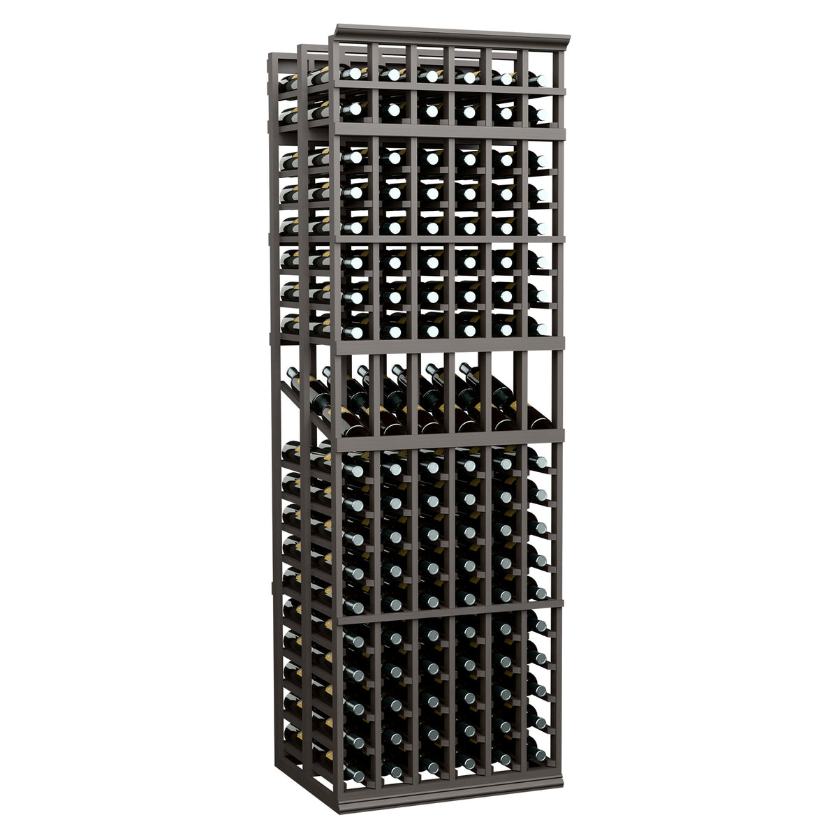 6-column double-deep wine display rack with dark frame and tightly spaced bottle holders