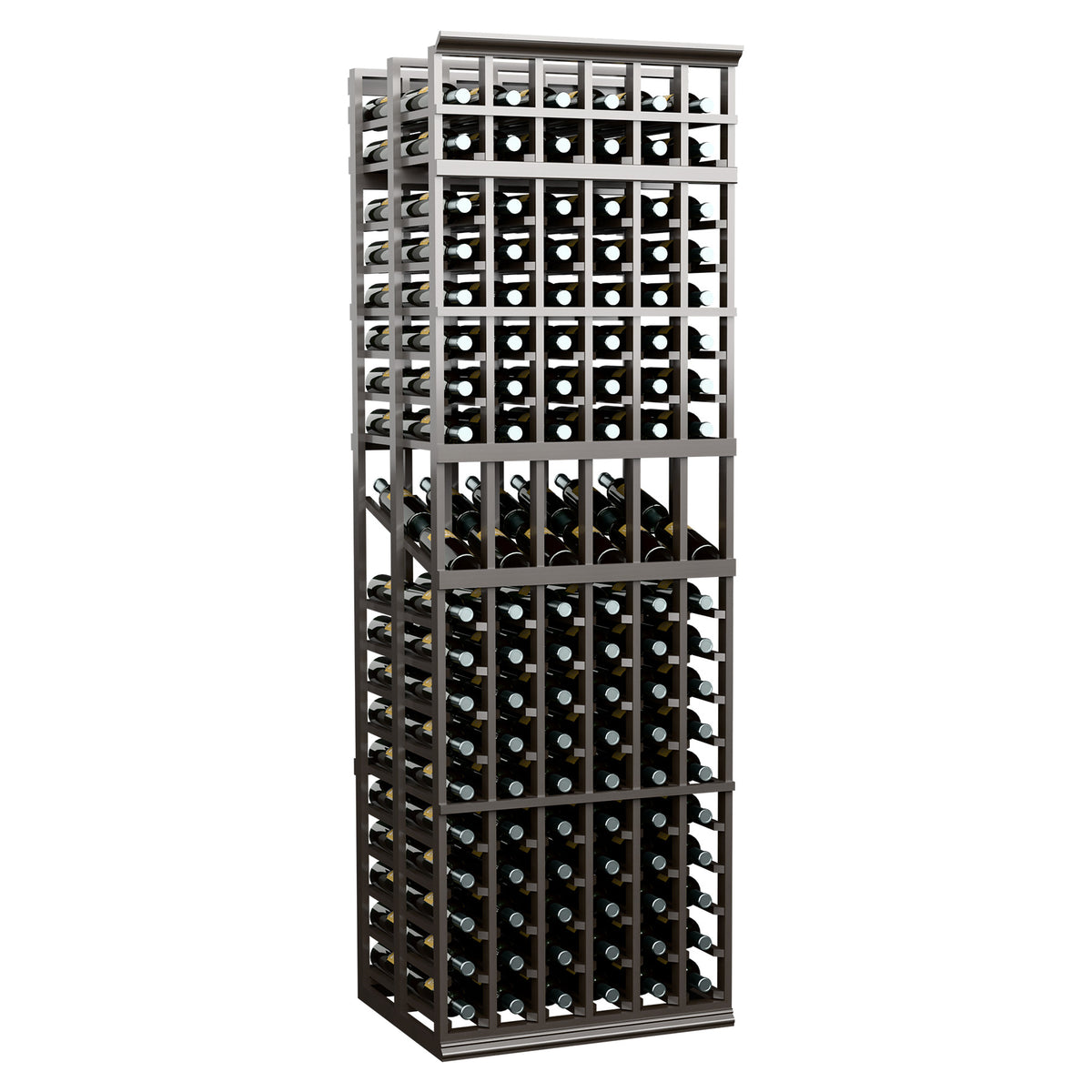 6-column double-deep wine display rack with dark open lattice and multiple bottle rows