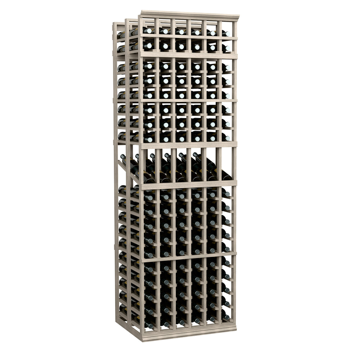 6-column double-deep wine display rack with gray wood frame and bottle cubbies