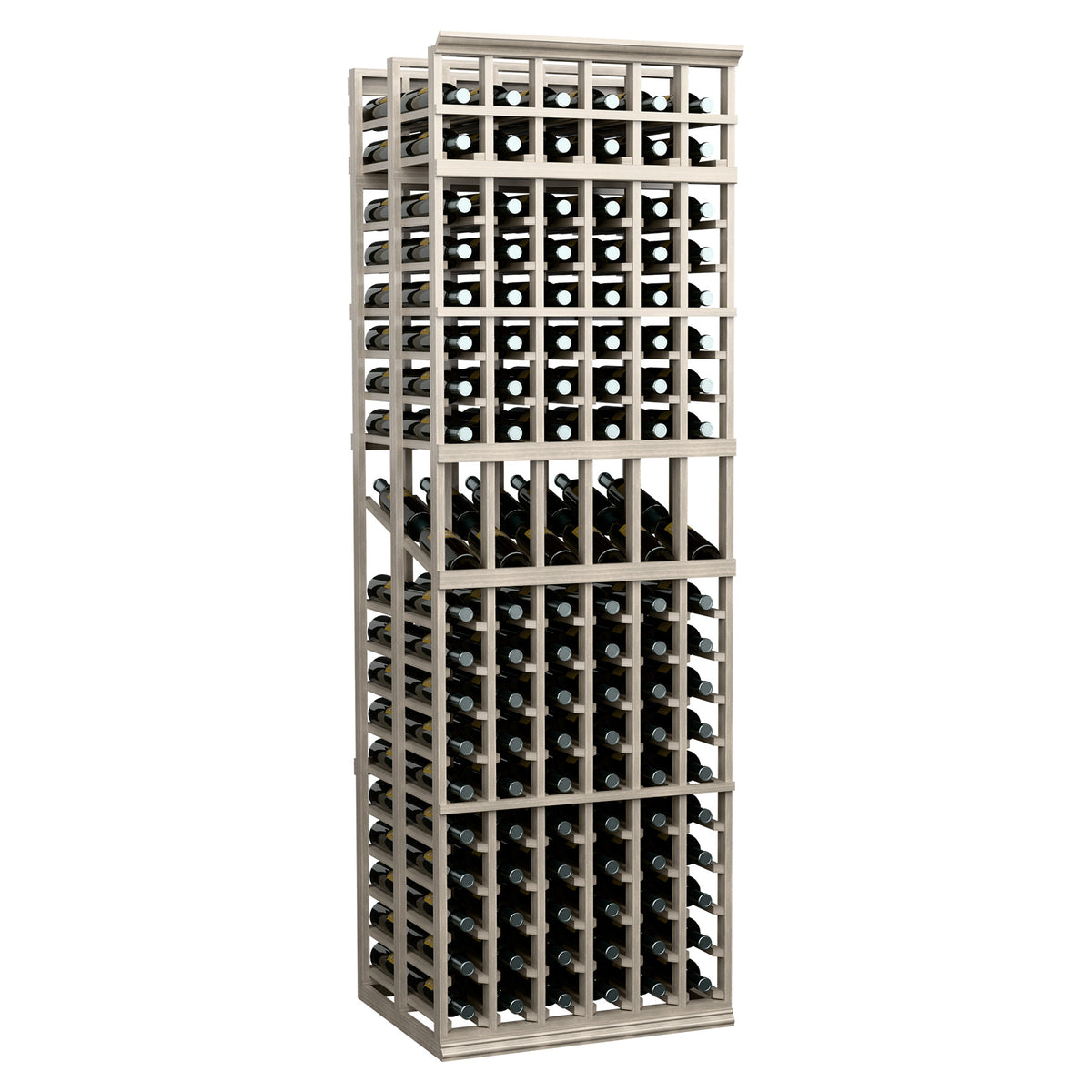 6-column double-deep wine display rack with light gray wood frame and bottle cubbies