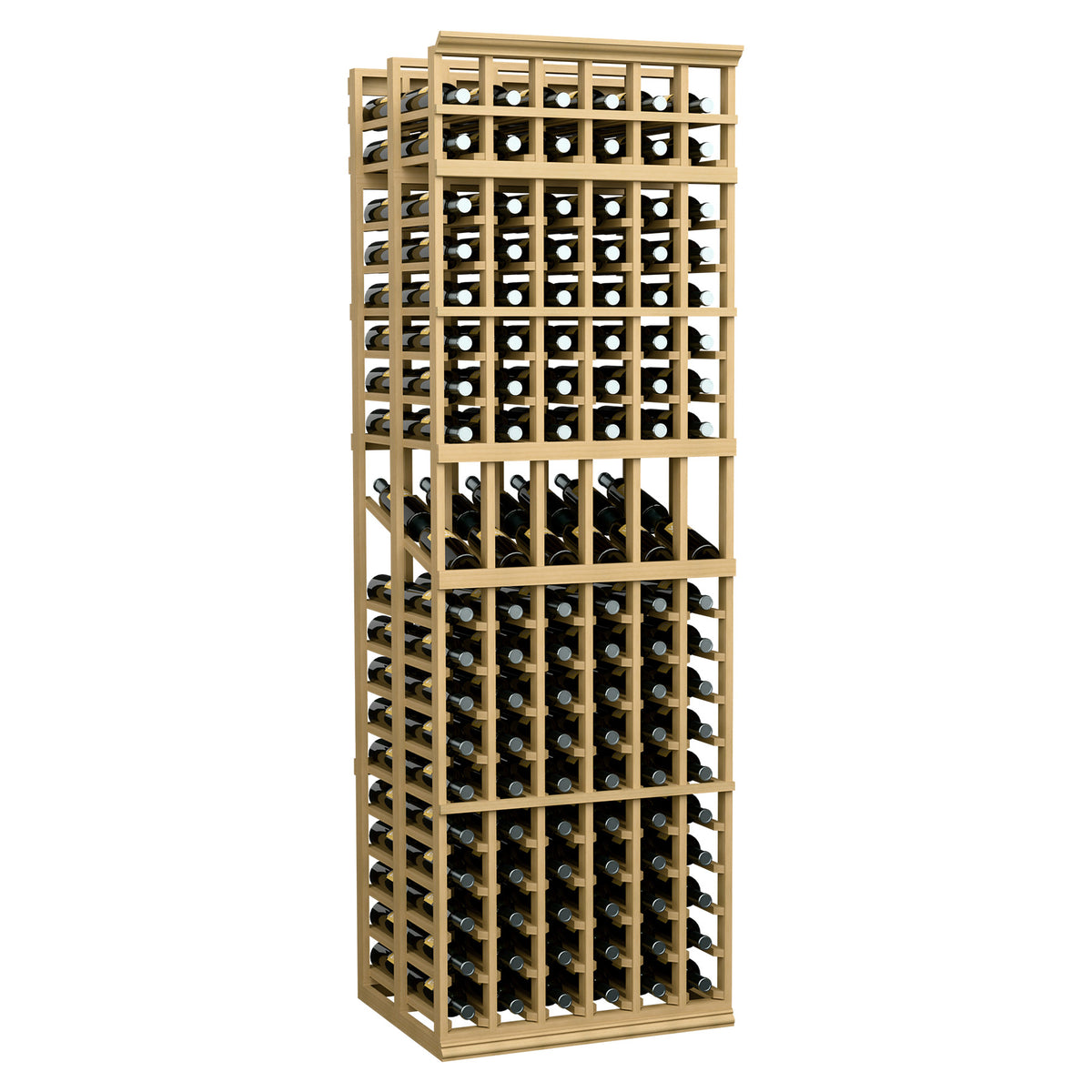 6-column double-deep wine display rack with natural wood frame and bottle cubbies