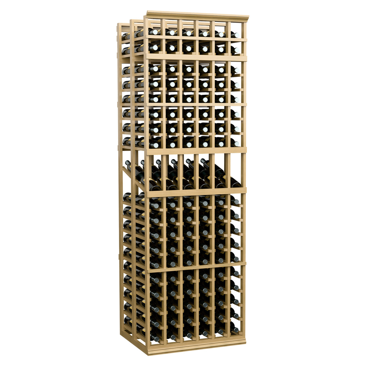 6-column double-deep wine display rack with pale wood frame and bottle cubbies