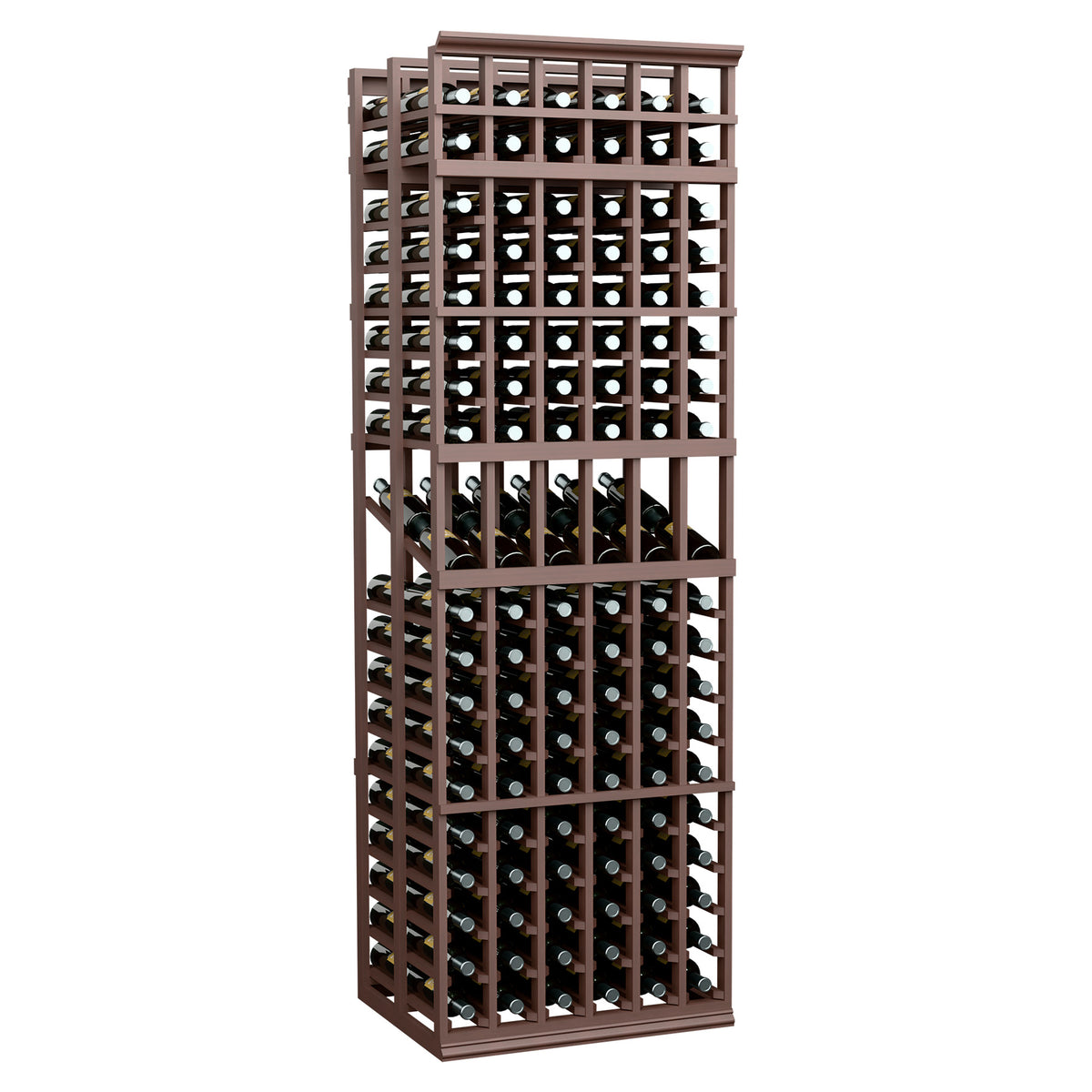 6-column double-deep wine display rack with dark brown wood frame and bottle cubbies