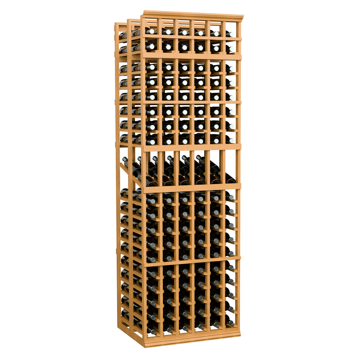 6-column double-deep wine display rack with honey wood frame and bottle cubbies