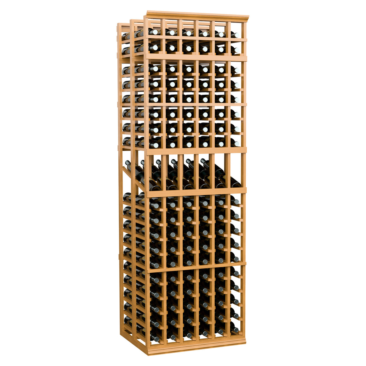 6-column double-deep wine display rack with warm wood frame and bottle cubbies