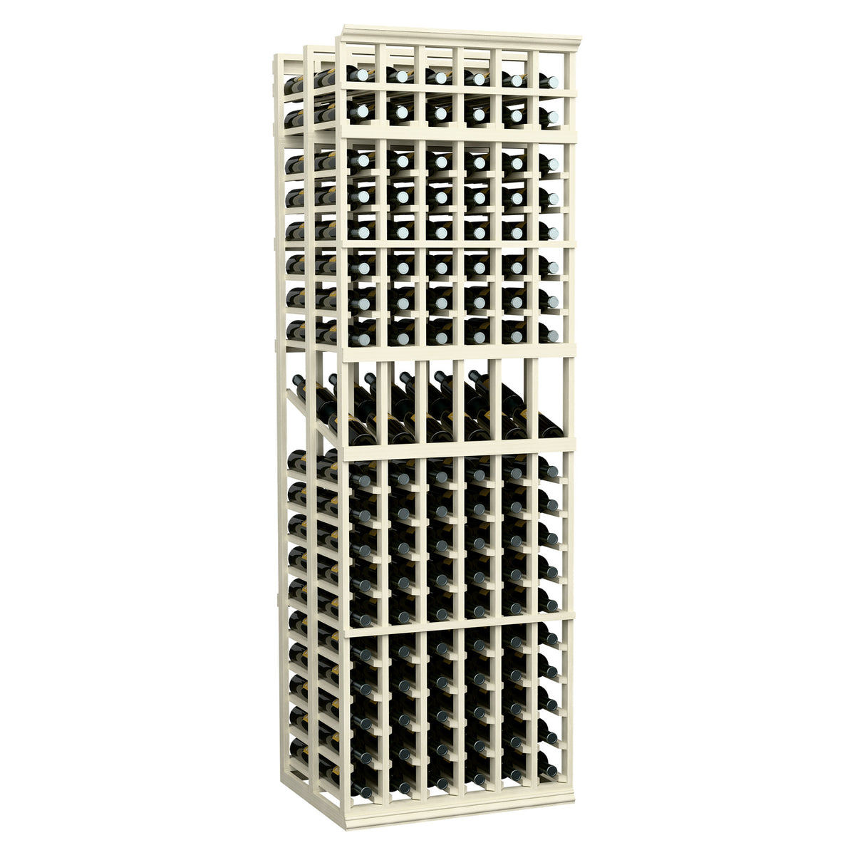 6-column double-deep wine display rack with whitewashed wood frame and bottle cubbies