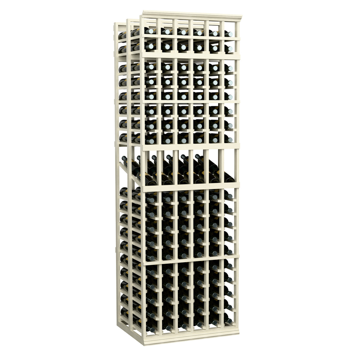 6-column double-deep wine display rack with whitewashed wood frame and bottle cubbies