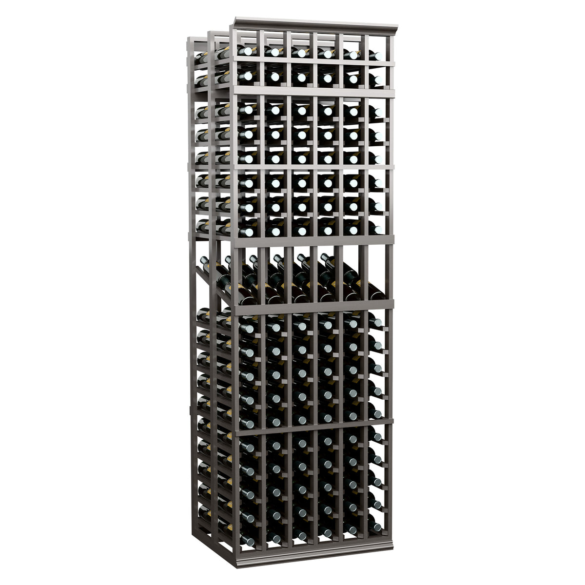 Wine bottle display rack with dark gray metal frame and open grid shelves for bottles