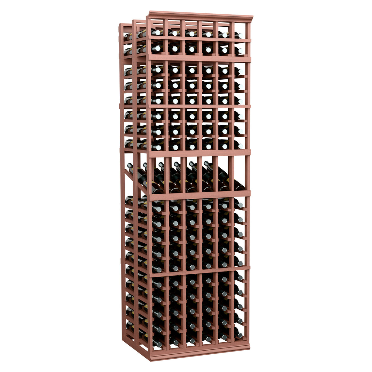 Wine bottle display rack with reddish-brown wood frame and grid shelves for bottles