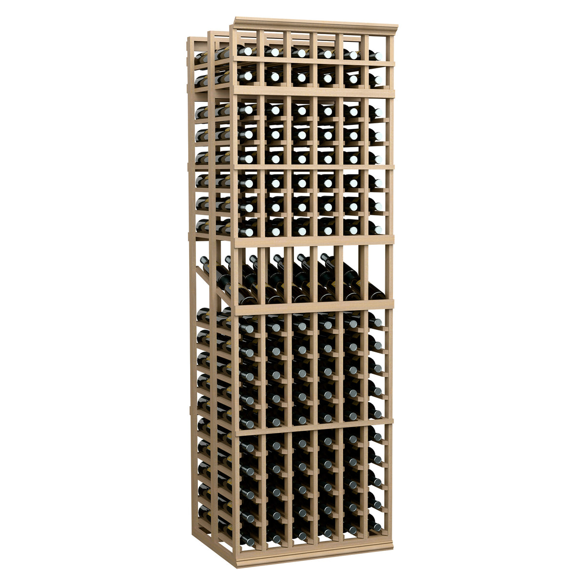 Wine bottle display rack with light tan wood frame and grid shelves for bottles