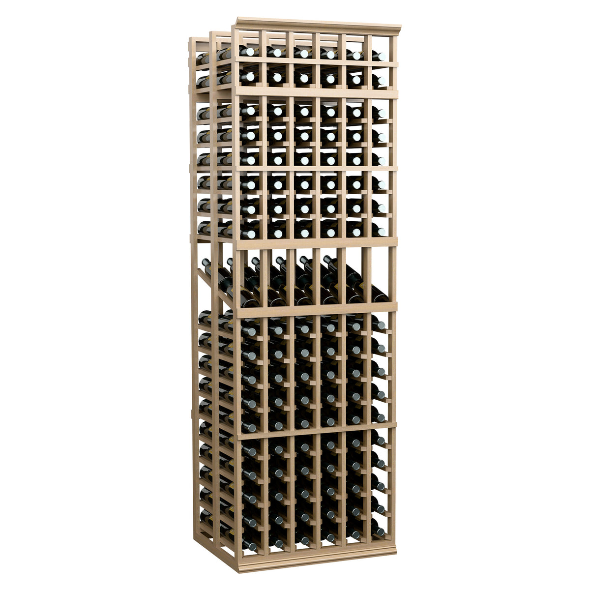 Wine bottle display rack with beige wood frame and grid shelves for bottles