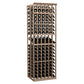 Wine bottle display rack with medium brown wood frame and grid shelves for bottles