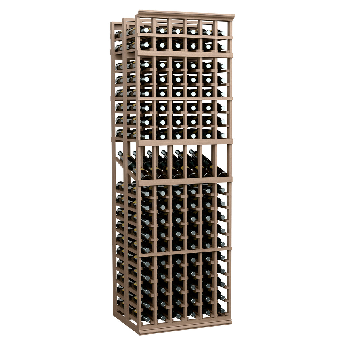 Wine bottle display rack with medium brown wood frame and grid shelves for bottles