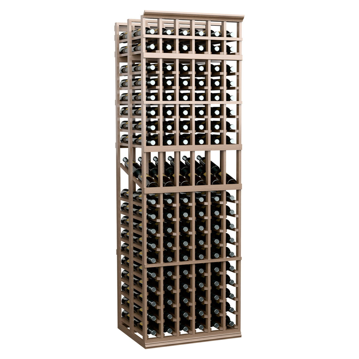 Wine bottle display rack with light beige wood frame and grid shelves for bottles