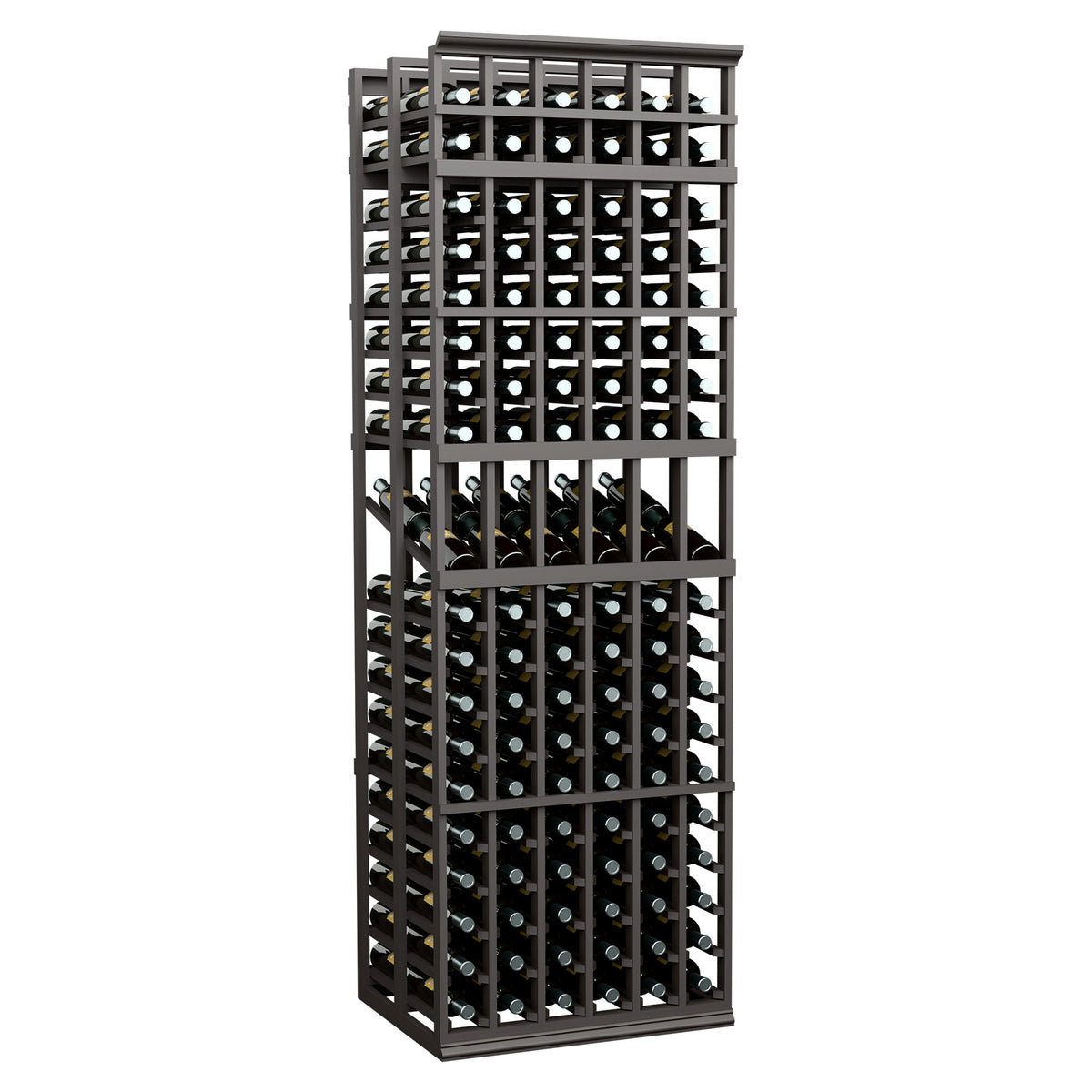 Wine bottle display rack with black metal frame and grid shelves for multiple bottles