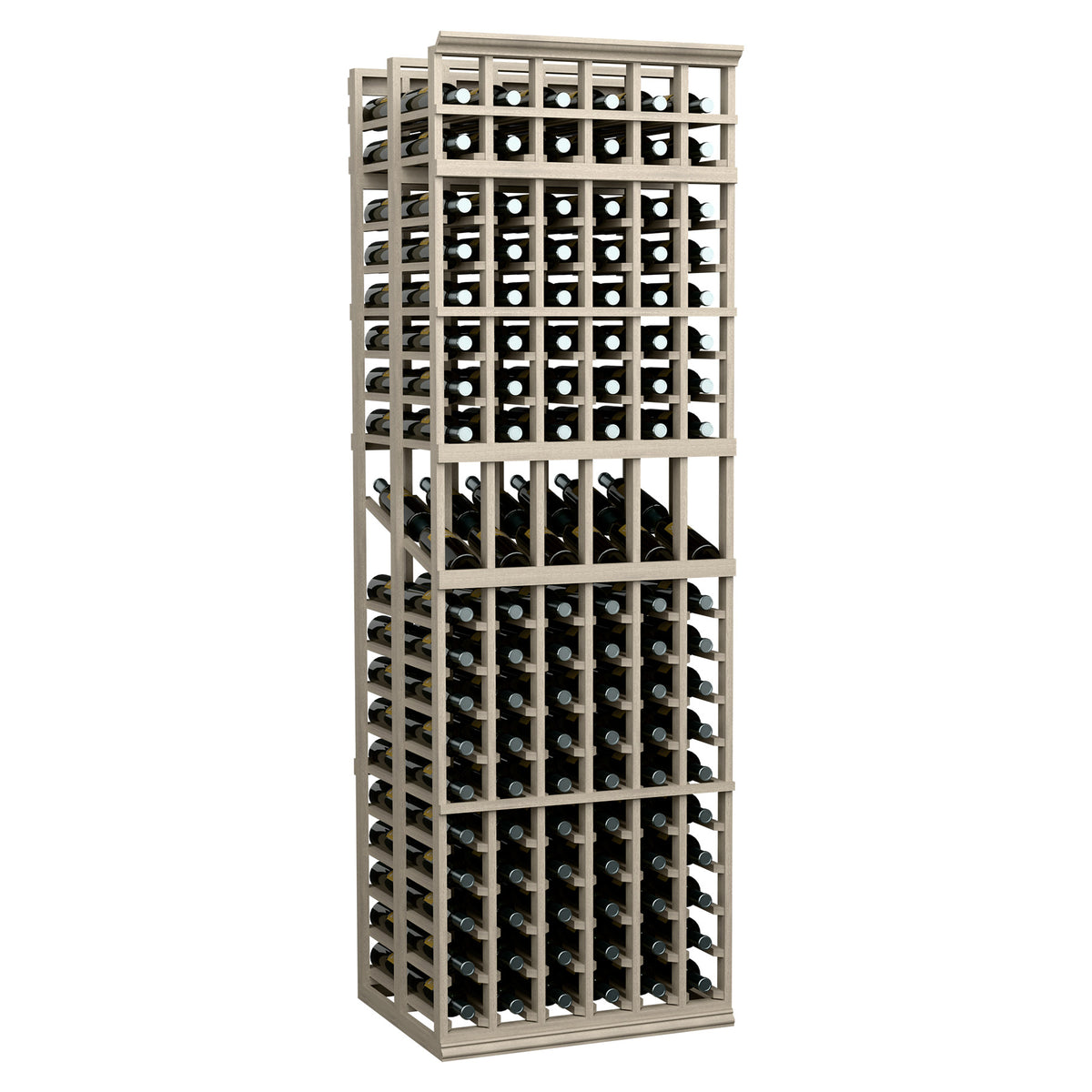 Gray wood wine display rack with 6 columns, double-deep bottle slots and glass bottles