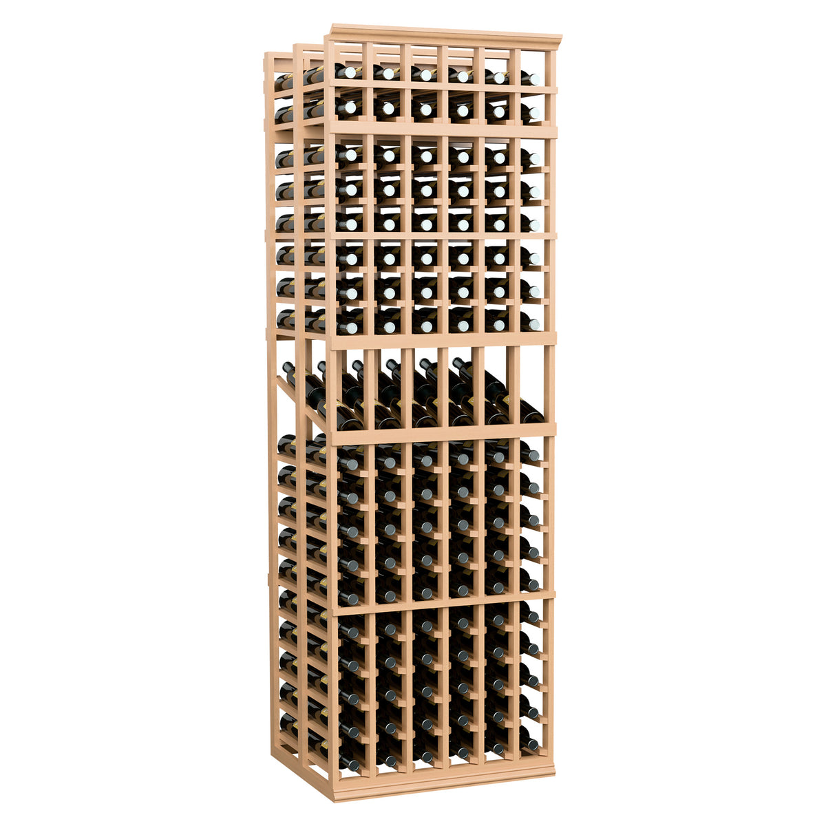 Light natural wood 6-column double-deep wine rack with multiple bottle-holder rows