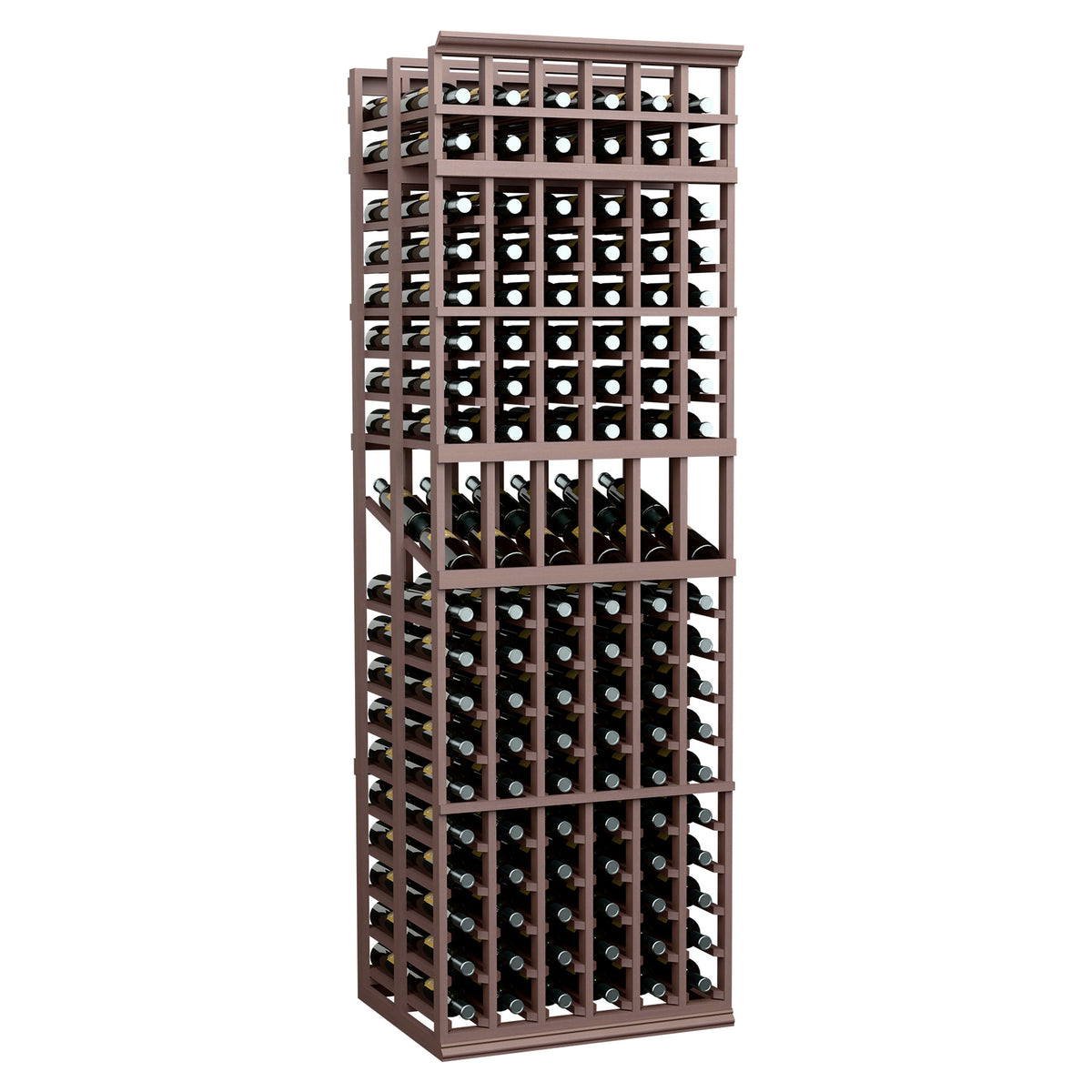 Dark brown wood wine display rack with 6 columns and double-deep bottle storage